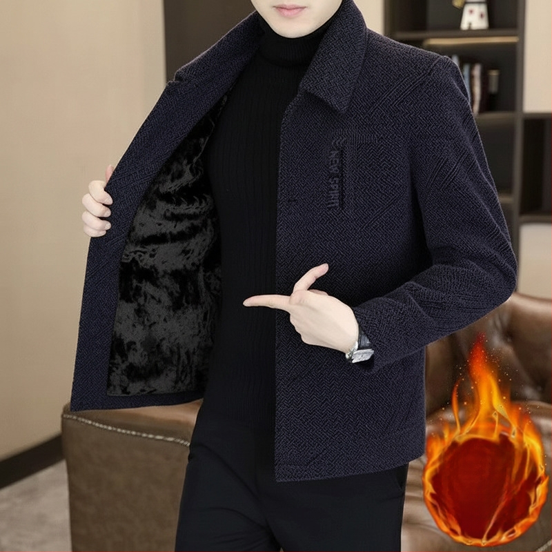 Išorinis švarkas su fliso pamušalu, storas, stovinti apykaklė, ilgos rankovės, vienos eilės užsegimas, PU audinys, žiema 2025