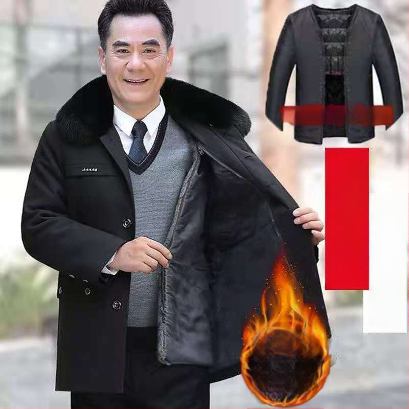 Žiemos vyriška pūkinė striukė su veliūro pamušalu ir nuimamomis rankovėmis, papildomai stora, laisvas kirpimo, vidutinio ilgio priekinė užtrauktukas