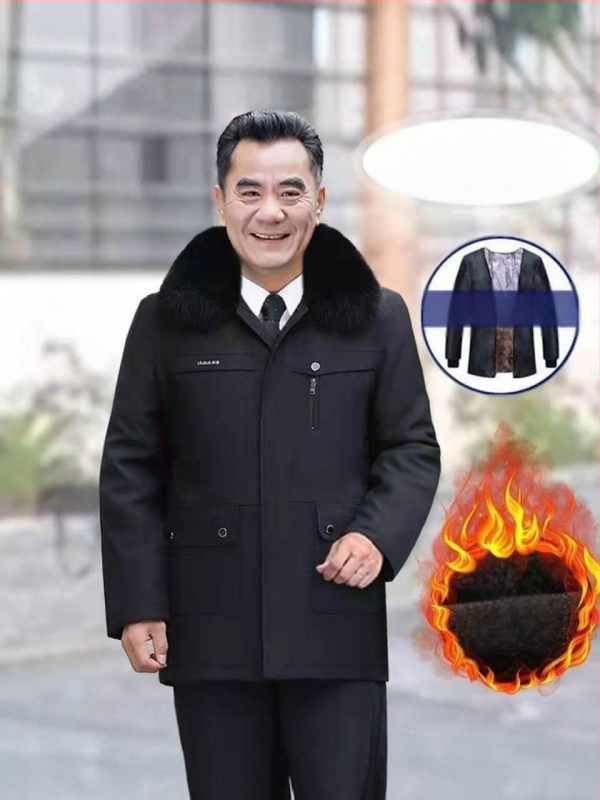 Vyrų žieminė striukė su medvilnine įdėklu senjorams, su nuimamomis rankovėmis, apykaklė – atlap, papildomai stora, užtrauktukas viengubas, vidutinio ilgio