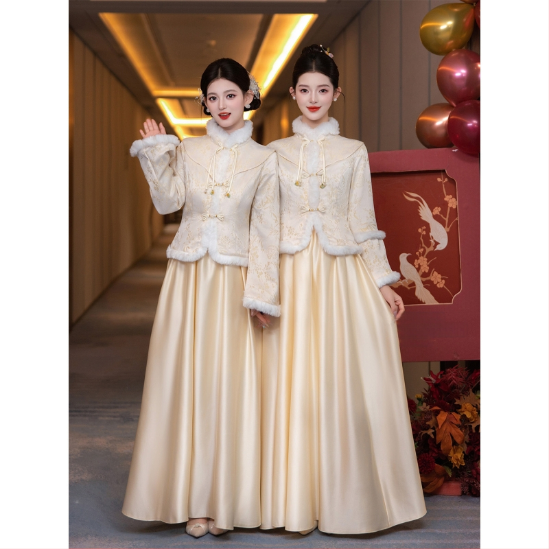 Divdaļīga kāzu kleita ķīniešu stilā, svaiga un salda, garas piedurknes, mandarīnu apkakle, poliesters, vasara 2025