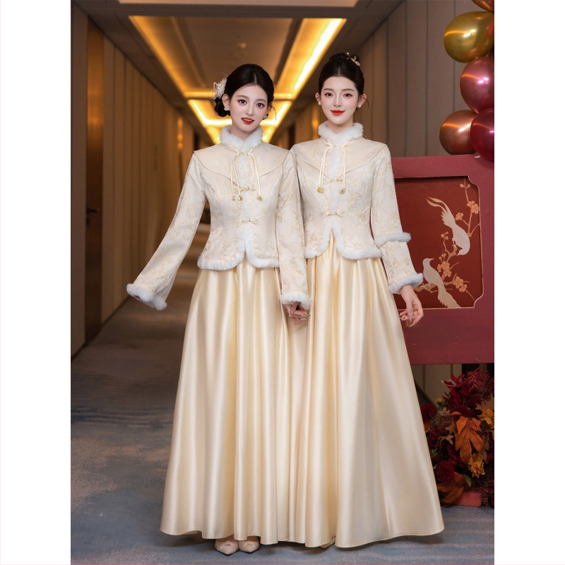 Divdaļīga kāzu kleita ķīniešu stilā, svaiga un salda, garas piedurknes, mandarīnu apkakle, poliesters, vasara 2025