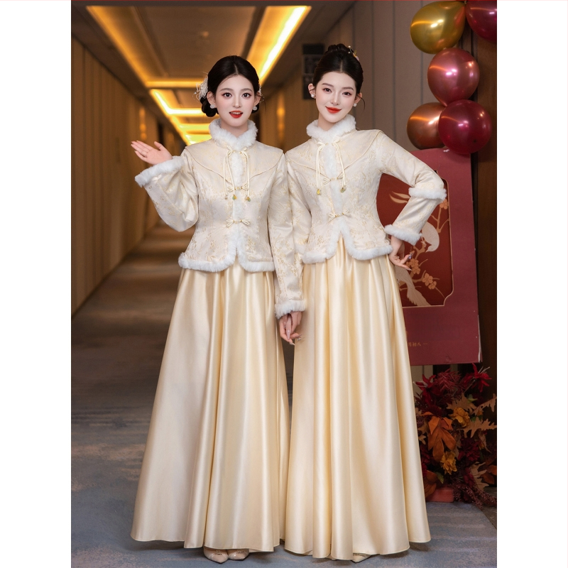 Divdaļīga kāzu kleita ķīniešu stilā, svaiga un salda, garas piedurknes, mandarīnu apkakle, poliesters, vasara 2025