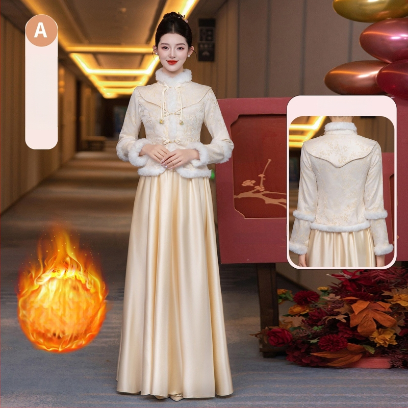 Divdaļīga kāzu kleita ķīniešu stilā, svaiga un salda, garas piedurknes, mandarīnu apkakle, poliesters, vasara 2025