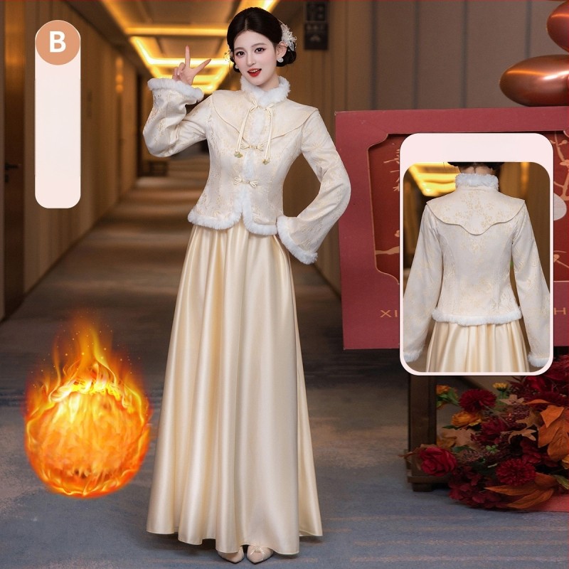 Divdaļīga kāzu kleita ķīniešu stilā, svaiga un salda, garas piedurknes, mandarīnu apkakle, poliesters, vasara 2025