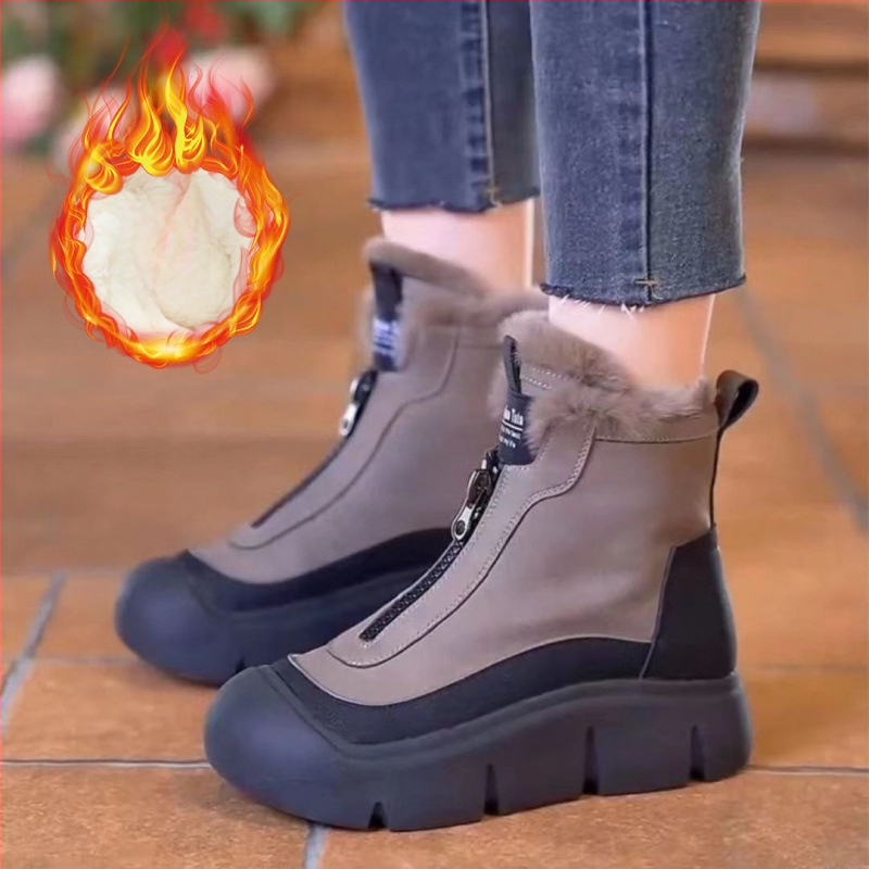 Sieviešu ziemas Martins zābaki ar bieza platforma, zemā potīte, priekšējais rāvējslēdzējs, fleece iekšējā oderējums, PU augšdaļa, gumijas zole