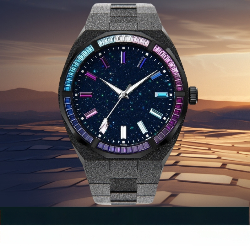 Muški sat od nehrđajućeg čelika s dijamantnom ukrasom, kvarc, vodootporan do 50m, poslovni stil, promjera brojčanika 42 mm