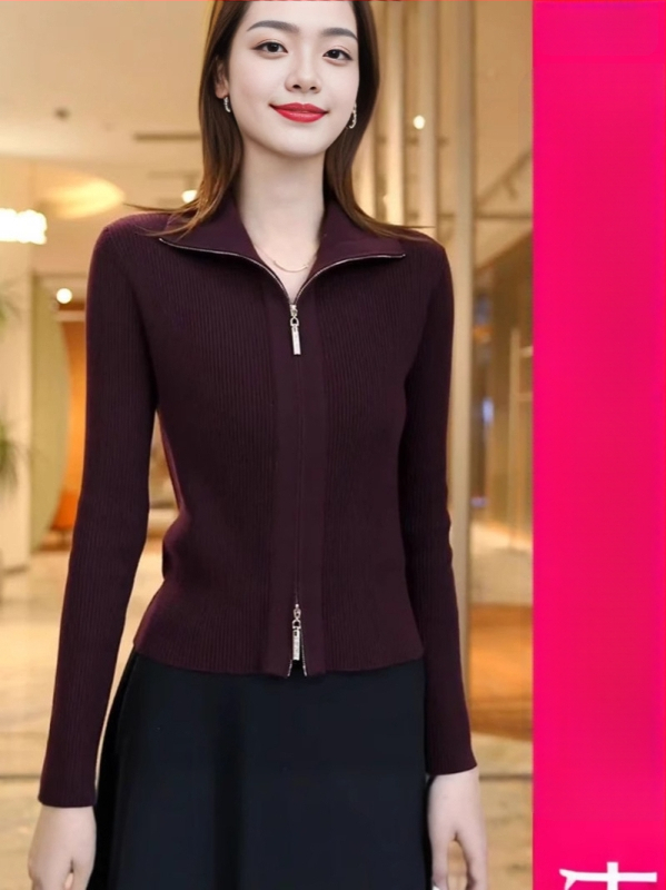 Elegantni pleteni kardigan za jesen/zimu, slim-fit, jednobojne boje, s dvostrukim zatvaračem