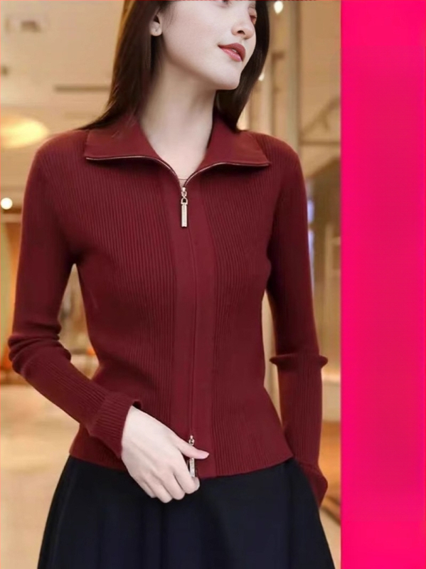 Elegantni pleteni kardigan za jesen/zimu, slim-fit, jednobojne boje, s dvostrukim zatvaračem