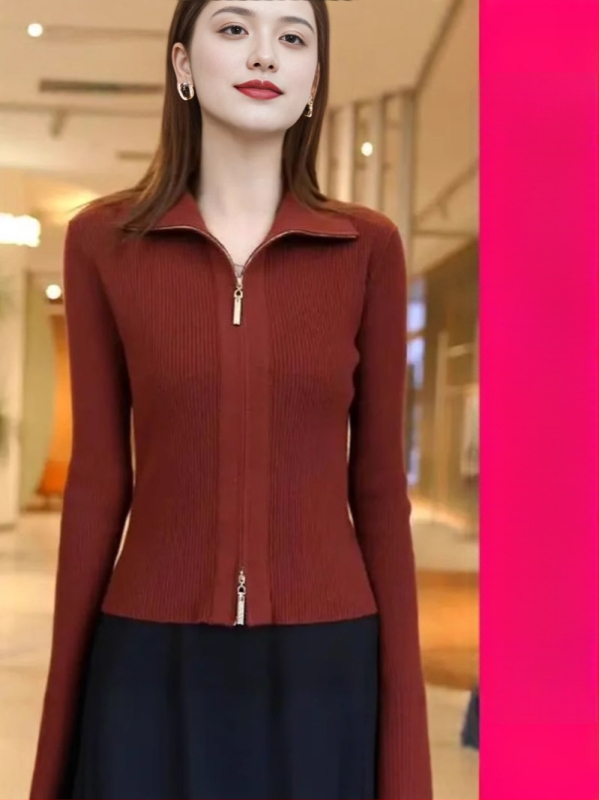 Elegantni pleteni kardigan za jesen/zimu, slim-fit, jednobojne boje, s dvostrukim zatvaračem