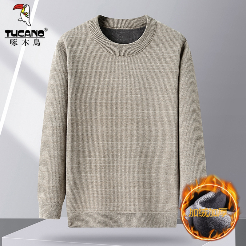 Woodpecker zimný pletený top s fleece podšívkou, hrubý a teplý pre dospelých, voľný strih s okrúhlym výstrihom
