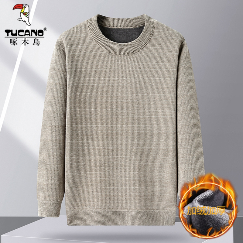 Woodpecker zimný pletený top s fleece podšívkou, hrubý a teplý pre dospelých, voľný strih s okrúhlym výstrihom