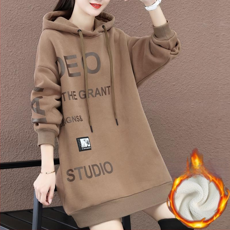 Ženski debeli fleece džemper srednje duljine, zimski model 2024, korejski stil, opušten kroj, velika veličina
