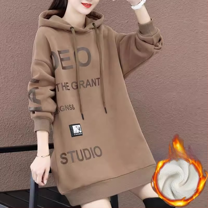 Ženski debeli fleece džemper srednje duljine, zimski model 2024, korejski stil, opušten kroj, velika veličina