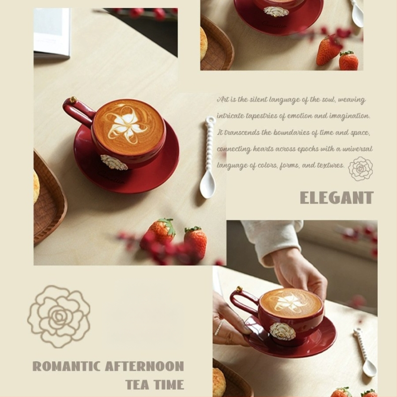 Camellia keramička šalica za kavu i tanjurić, set za kućnu upotrebu, lagani luksuz, latte art, za najbolje prijateljice