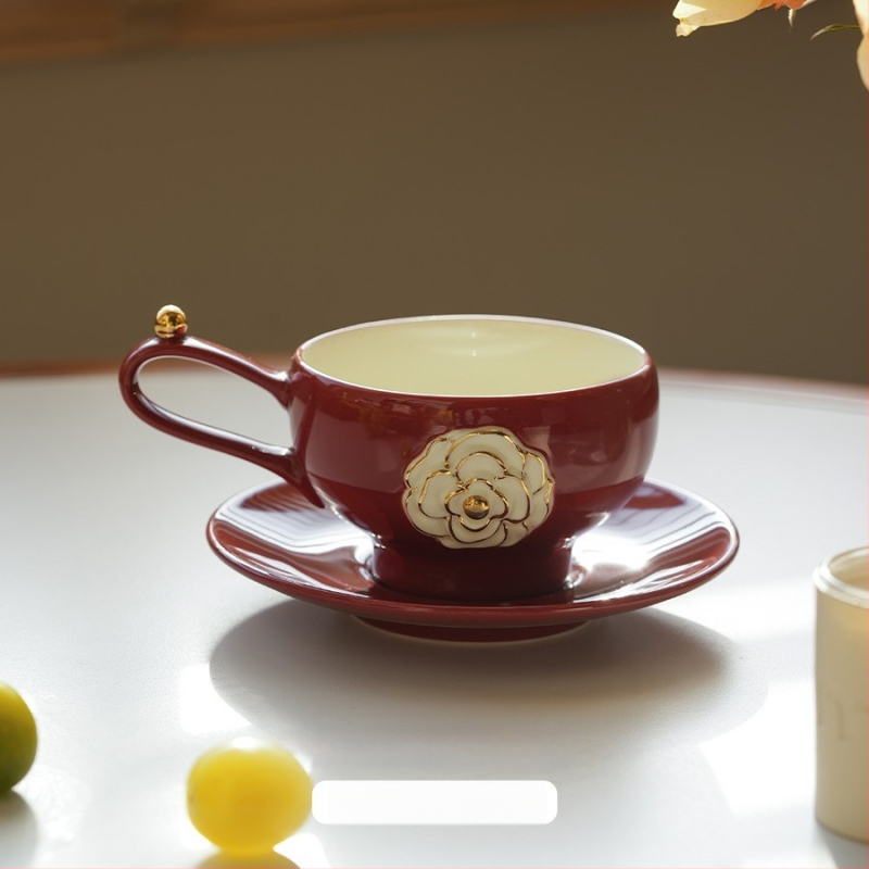 Camellia keramička šalica za kavu i tanjurić, set za kućnu upotrebu, lagani luksuz, latte art, za najbolje prijateljice