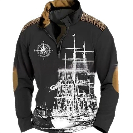 Muška polo majica kratkih rukava, stojeći ovratnik, polu-zip zatvarač, 3D digitalni print s motivom pomorske avanture