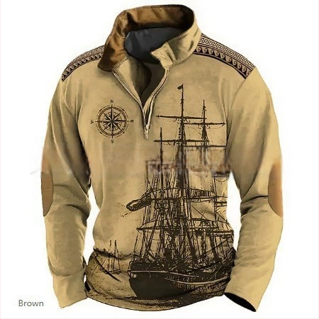 Muška polo majica kratkih rukava, stojeći ovratnik, polu-zip zatvarač, 3D digitalni print s motivom pomorske avanture
