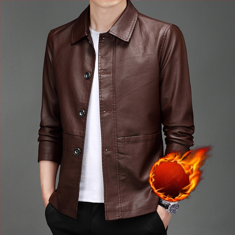 Мъжко PU кожено яке – прилягащо, лацкан, закопчаване с едно редче копчета, подплатено с флийс, пролетно-есенно