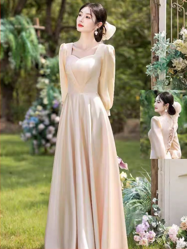 Līgavas draudzenes kleita, garas piedurknes, satīns, A‑līnijas silueta, kvadrātveida kakla izgriezums