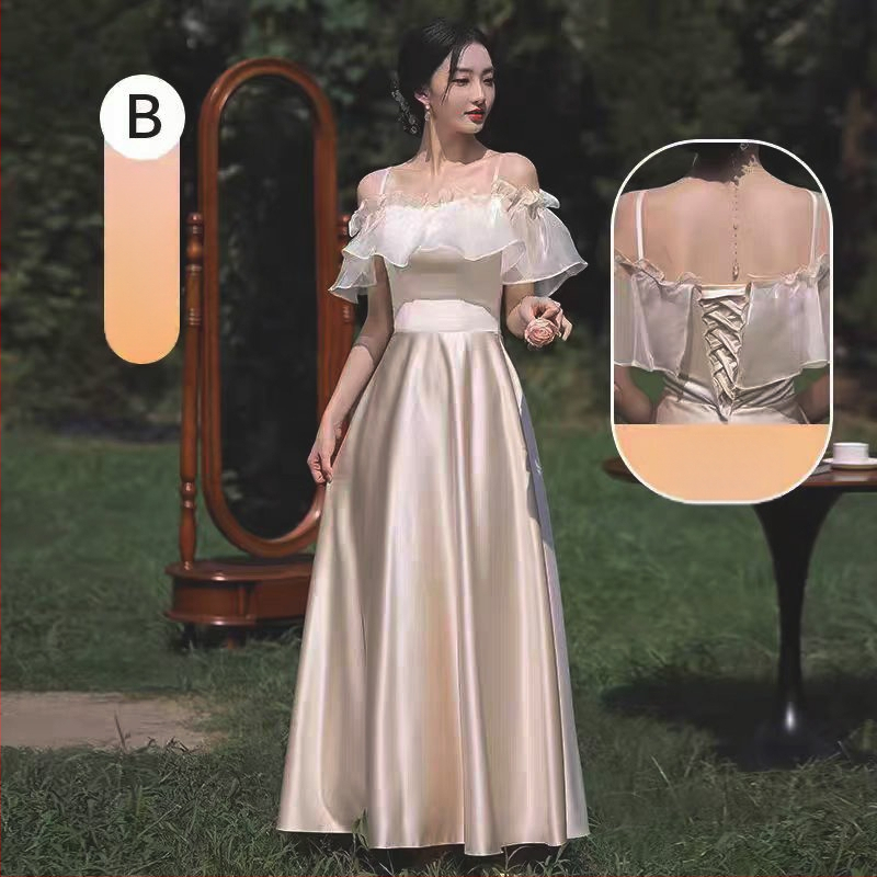 Satīna līgavas palīdzes kleita ar augstu jostu, vienā pleca kaklasaite, A līnija, gara, elegante