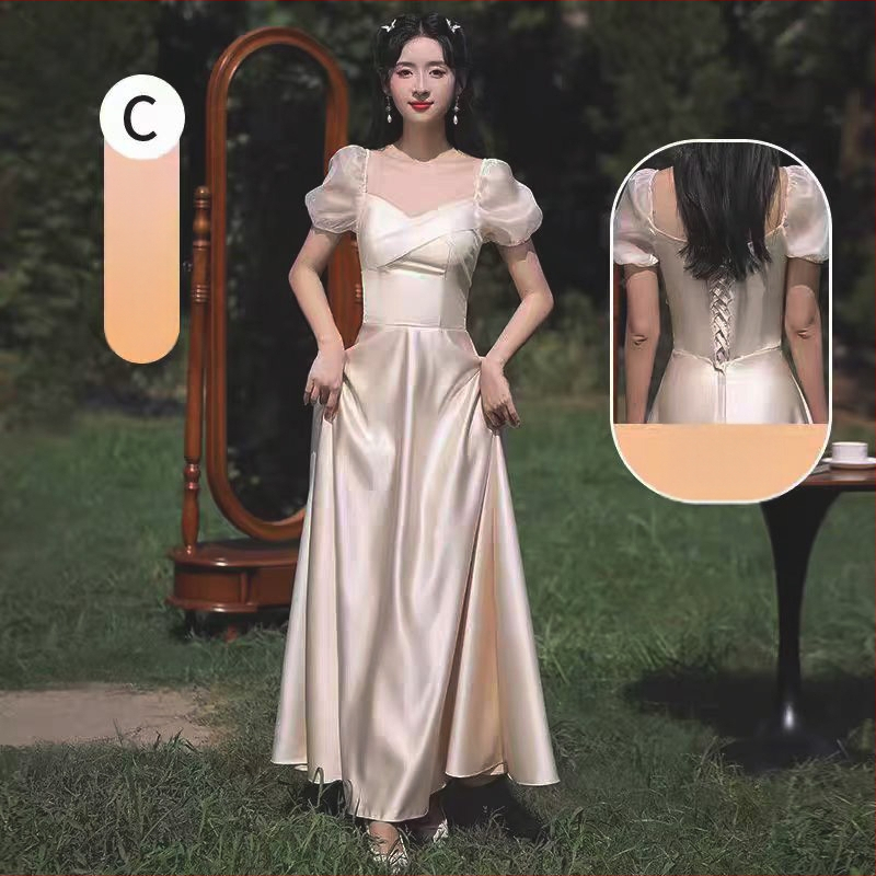 Satīna līgavas palīdzes kleita ar augstu jostu, vienā pleca kaklasaite, A līnija, gara, elegante