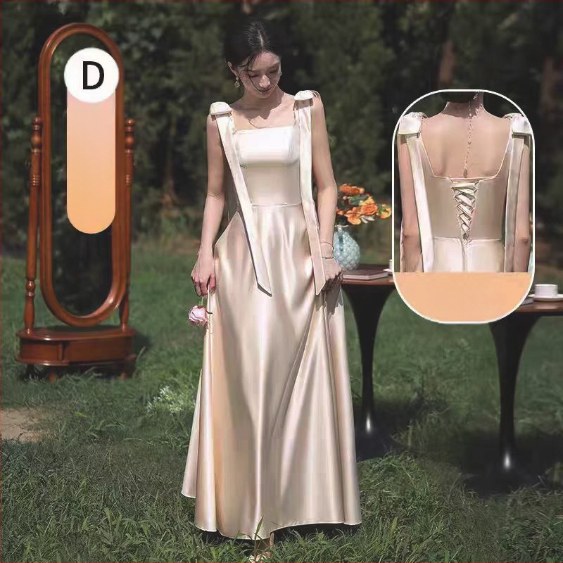 Satīna līgavas palīdzes kleita ar augstu jostu, vienā pleca kaklasaite, A līnija, gara, elegante