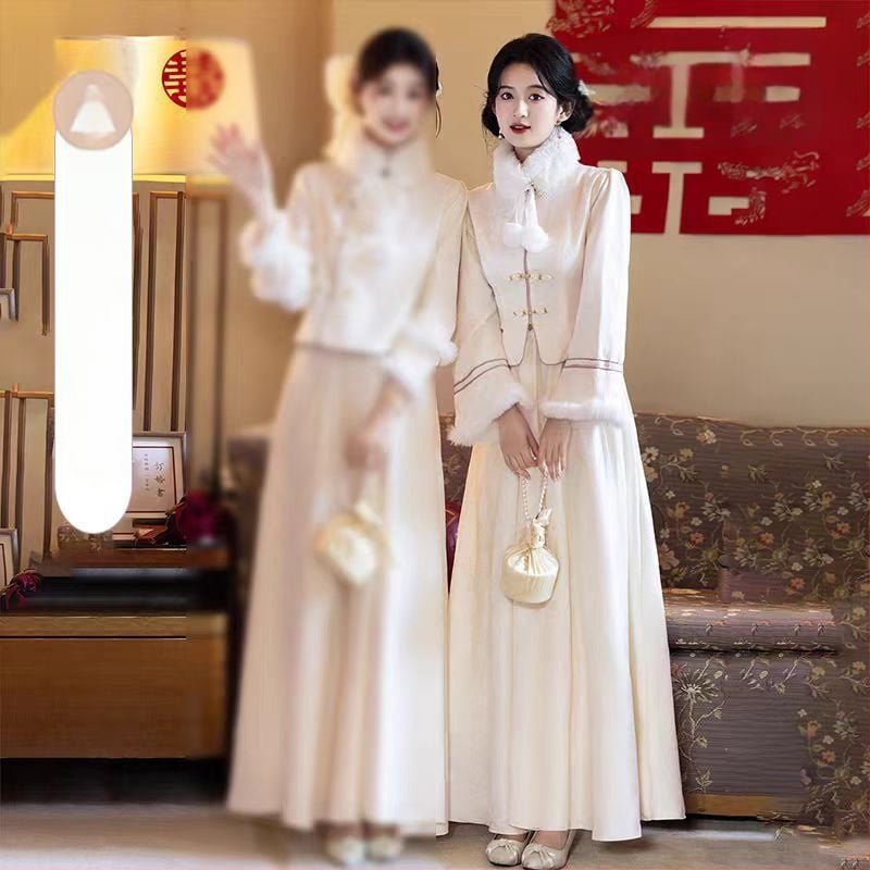 Kāzu pavadošās kleita – Jauns Ķīnas stils, garas piedurknes, A līnijas siluets, kvadrātveida kakla līnija, garums 135 cm, poliesters-elastāna šķiedra (>95% poliestera)