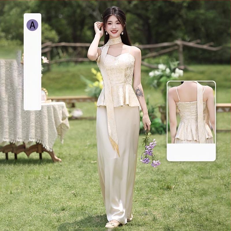 Uus Hiina stiili pruutneitsi kleit, suvi 2025, polüester, pikk, A-lõike siluett, ilma varrukateta, ümmargune kaelus