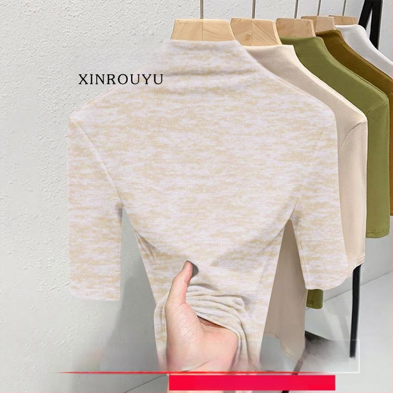 Ženski termalni top s flis podstavom, plus size, poludugi rukav, mock neck ovratnik, uski kroj, jesen-zima