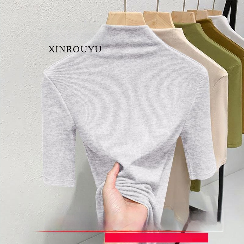 Ženski termalni top s flis podstavom, plus size, poludugi rukav, mock neck ovratnik, uski kroj, jesen-zima