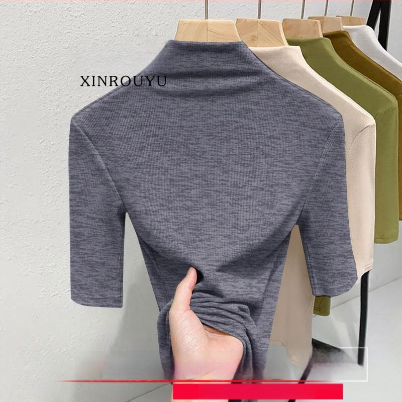 Ženski termalni top s flis podstavom, plus size, poludugi rukav, mock neck ovratnik, uski kroj, jesen-zima