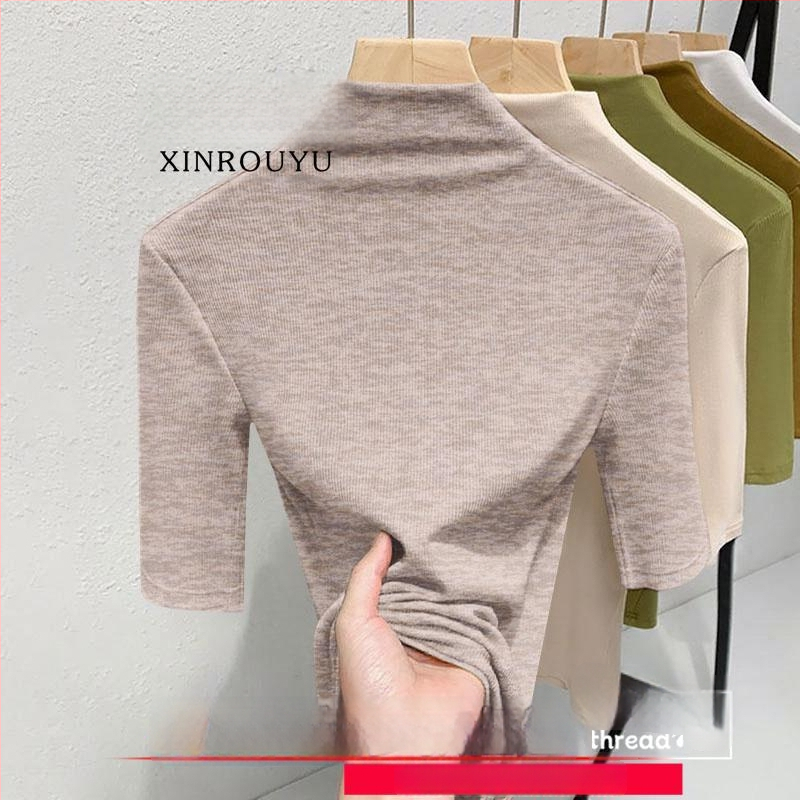 Ženski termalni top s flis podstavom, plus size, poludugi rukav, mock neck ovratnik, uski kroj, jesen-zima