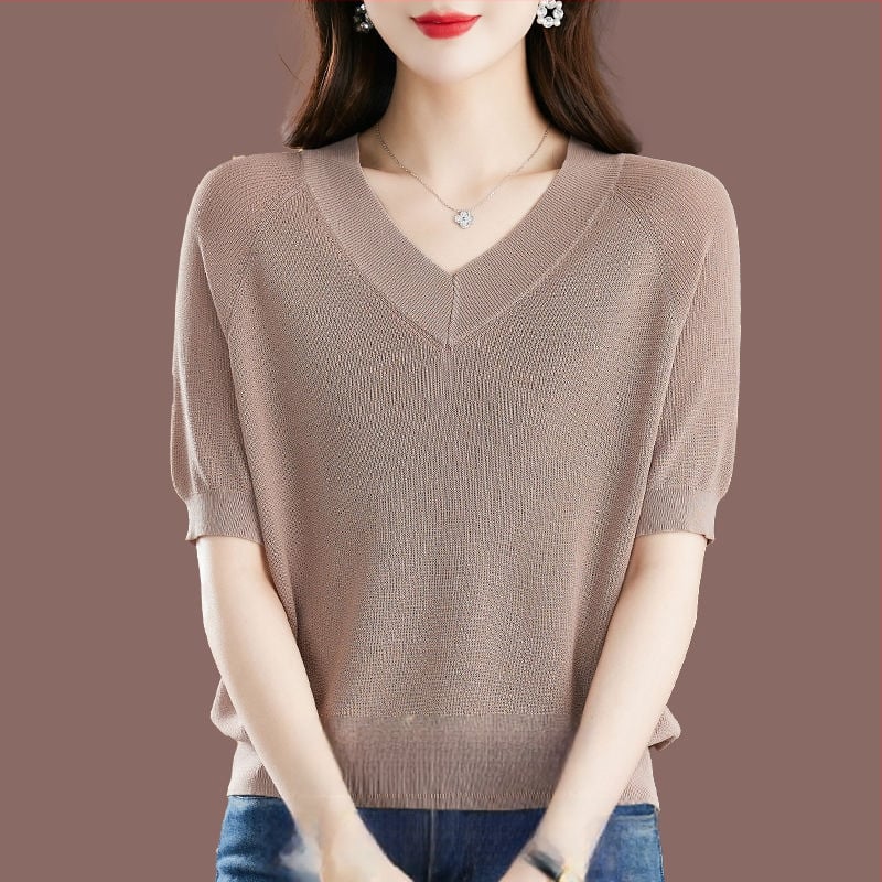 Női Ice Silk rövid ujjú póló, lazább szabás, V-nyak, 95%+ viszkóz