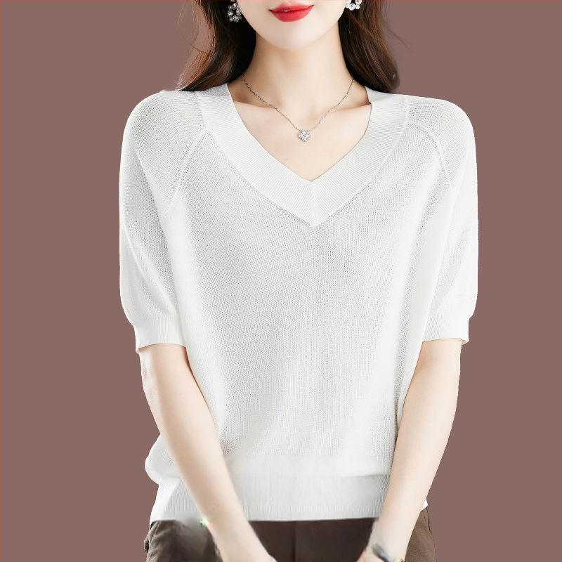 Női Ice Silk rövid ujjú póló, lazább szabás, V-nyak, 95%+ viszkóz