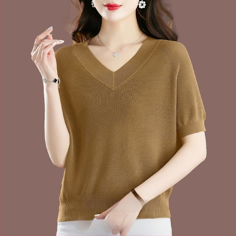 Női Ice Silk rövid ujjú póló, lazább szabás, V-nyak, 95%+ viszkóz