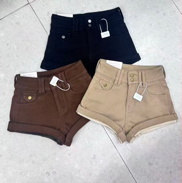 Дамски памучни къси панталони, висока талия, дебела материя, A‑линия, повдигане на дупето