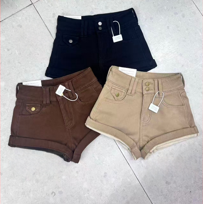 Дамски памучни къси панталони, висока талия, дебела материя, A‑линия, повдигане на дупето