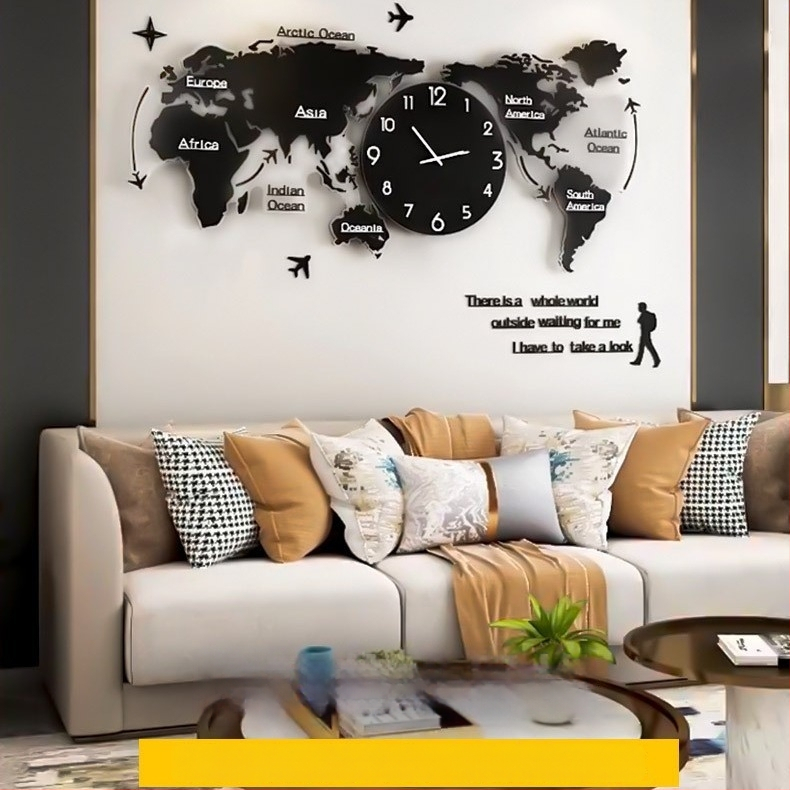 Zidni sat s kartom svijeta, tiha sekundarna kretanja, brojčanik od organskog stakla, metalno kućište, Plexiglas ogledalo, prikaz kazaljkama i brojkama