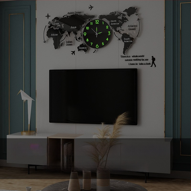 Zidni sat s kartom svijeta, tiha sekundarna kretanja, brojčanik od organskog stakla, metalno kućište, Plexiglas ogledalo, prikaz kazaljkama i brojkama