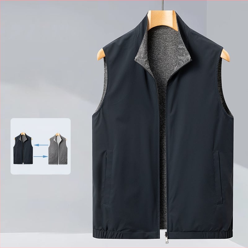 Divpusēja vīriešu veste biznesam un brīvajam laikam, ar stāvošu apkakli un rāvējslēdzēju, neilona ārējais audums ar poliesteres iekšpusi, sānu kabatas, pavasaris–rudens