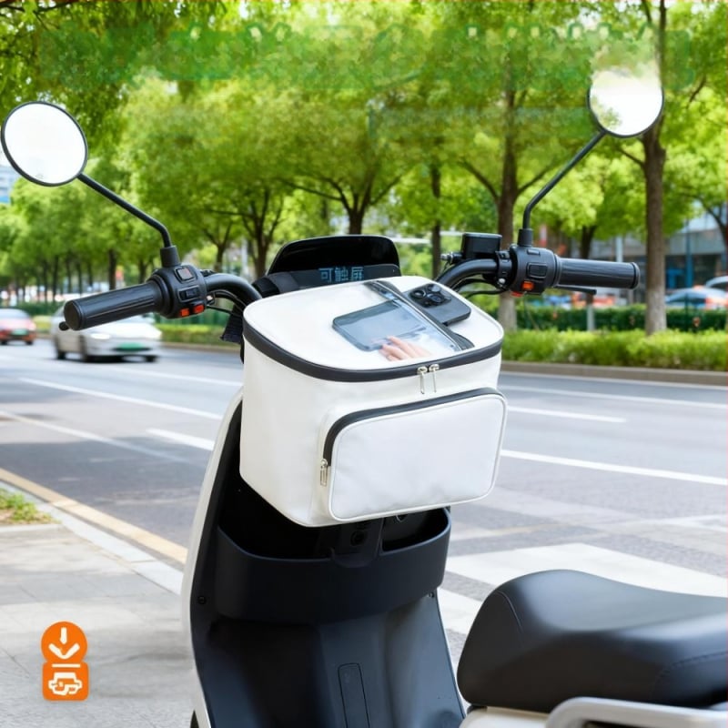 Esőálló elülső rögzítésű táska elektromos biciklik és robogók számára – esőruha tároló rekesz
