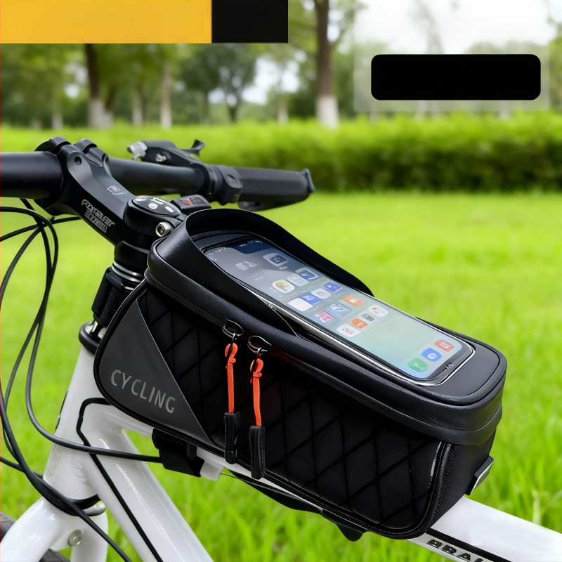 Kerékpártáska szintetikus bőrből, 1,5 L kapacitás, modell F001, kormánycső és felsőcső tároló