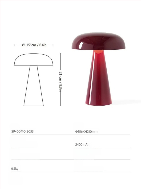 ComoSC53 gljiva stolna lampa s USB punjenjem, bežično ambijentalno noćno svjetlo za spavaću sobu