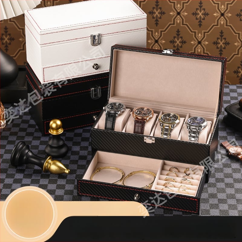 Двоен слой кутия за съхранение на часовници и бижута, 4 отделения, PU кожа + MDF, на склад, марка Yida, предназначена за опаковане на бижута