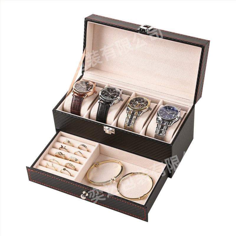 Двоен слой кутия за съхранение на часовници и бижута, 4 отделения, PU кожа + MDF, на склад, марка Yida, предназначена за опаковане на бижута