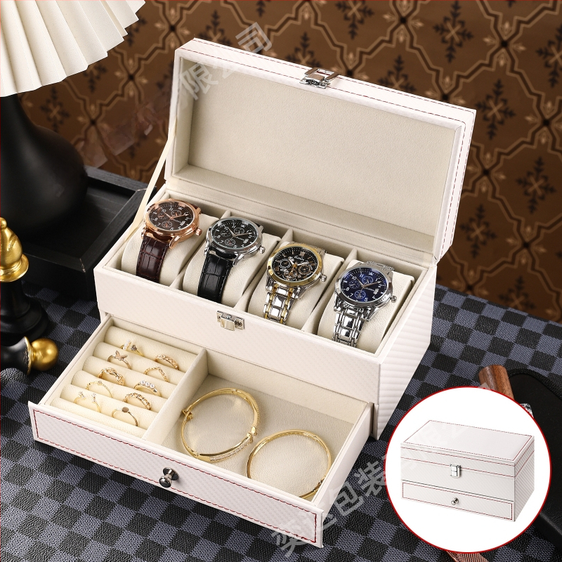 Двоен слой кутия за съхранение на часовници и бижута, 4 отделения, PU кожа + MDF, на склад, марка Yida, предназначена за опаковане на бижута