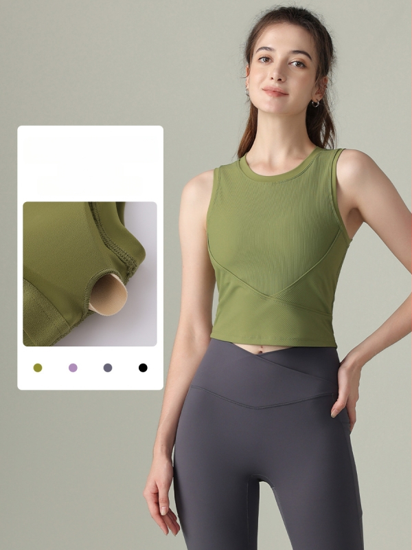 Moterų be rankovių bėgimo toppas su ribos tekstūra ir krūties pagalvėle – kvėpuojanti medžiaga, nailonas 75% / spandeksas 25%, siauras kirpimas, liemens ilgis