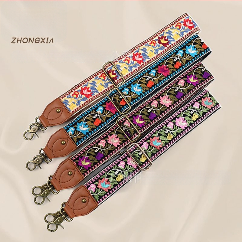 Презрамка за рамо към чанти | Етно бродиран флорален мотив, ретро стил, полиестер, по-широка презрамка за смяна