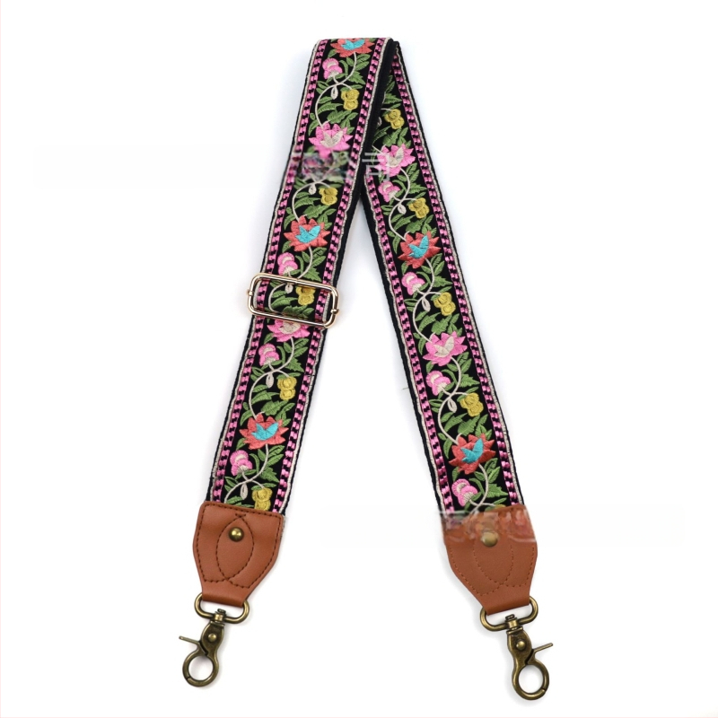 Презрамка за рамо към чанти | Етно бродиран флорален мотив, ретро стил, полиестер, по-широка презрамка за смяна