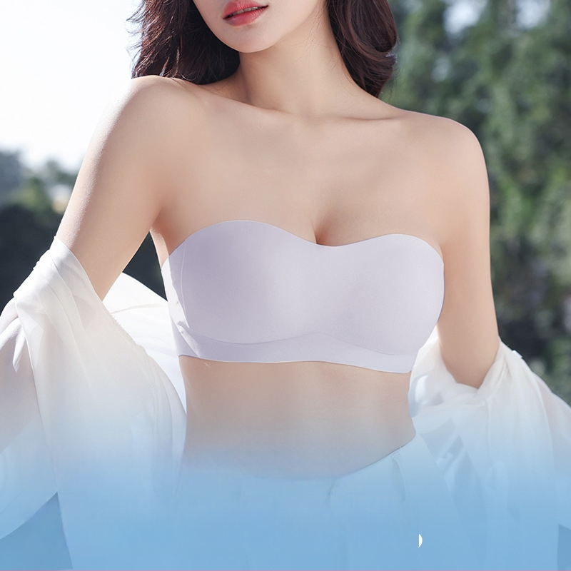 Neredzamais bezšuvju krūšturis ar pretslīdēšanas funkciju, bez muguras, no vienas daļas, noņemamas dubultās siksnas, pilnas kauss, plānas veidotas kauss, neilons ar spandeksa oderi